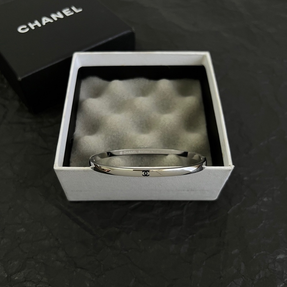 Chanel Silver-Tone CC Logo Open Cuff Bangle Bracelet - Picture 2 of 4